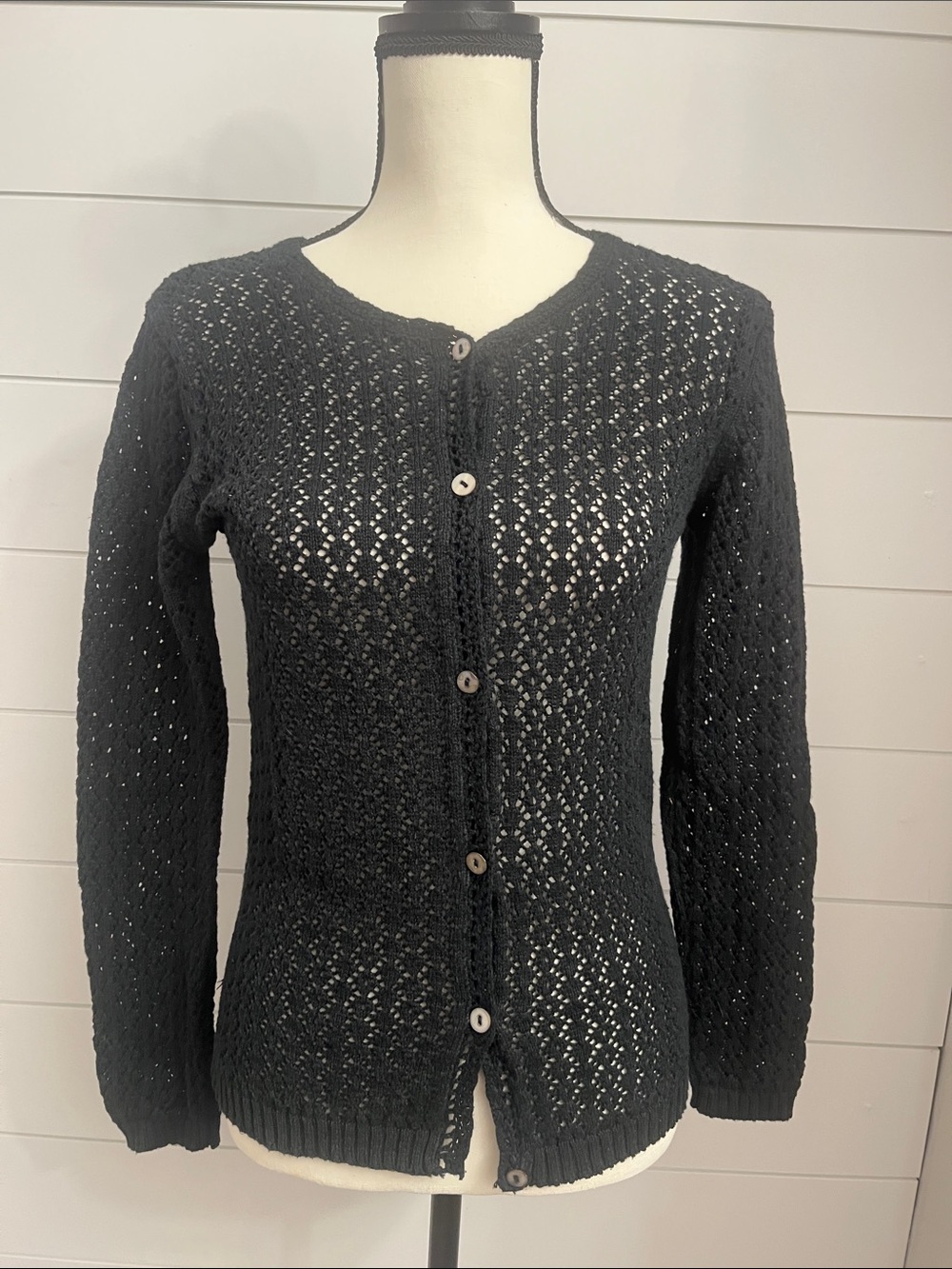 Women's Black Open-Knit Button-Front Cardigan Sweater